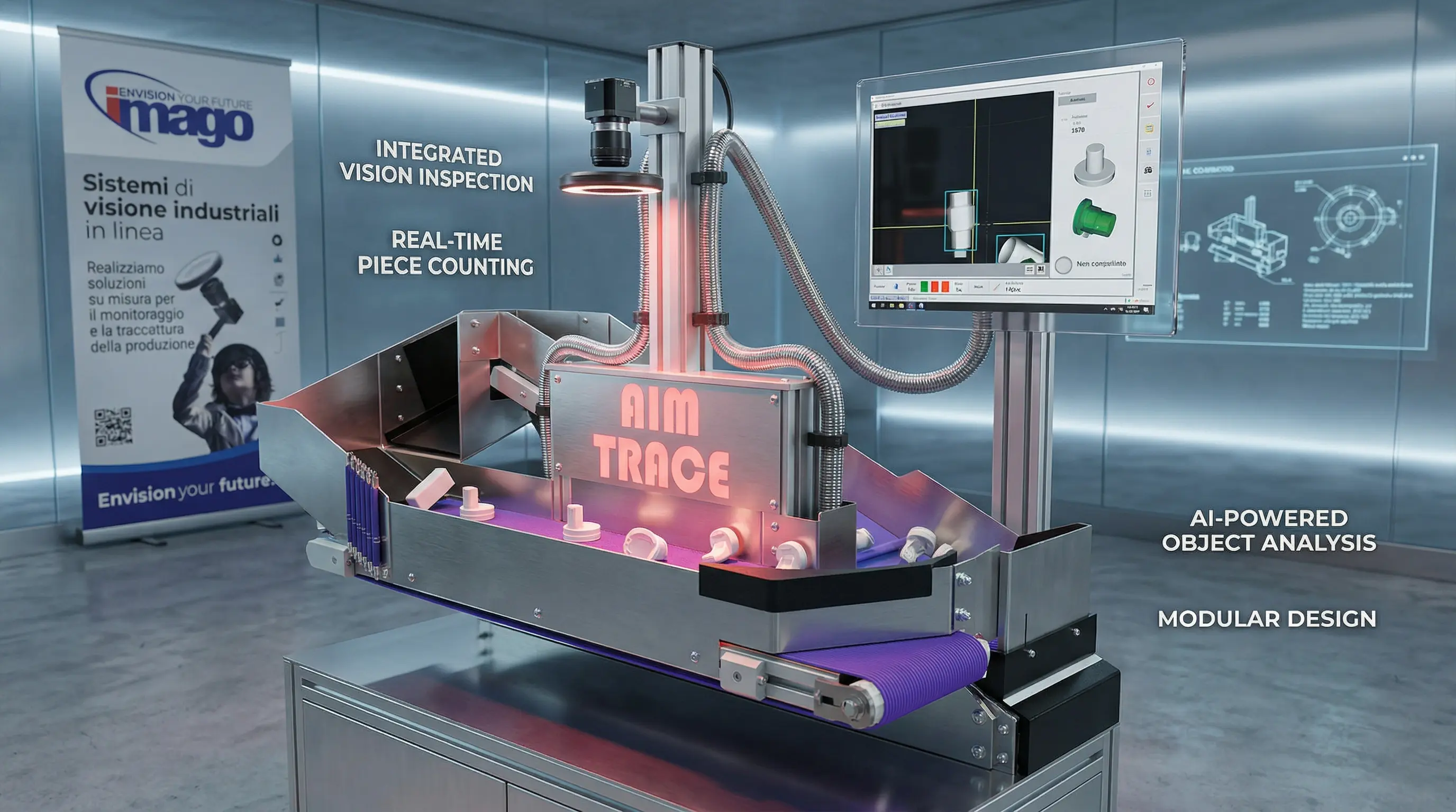 Dimostratore AimTrace: sistema conta pezzi compatto portato in fiera, ora disponibile per test presso la sede Imago a Castegnato
